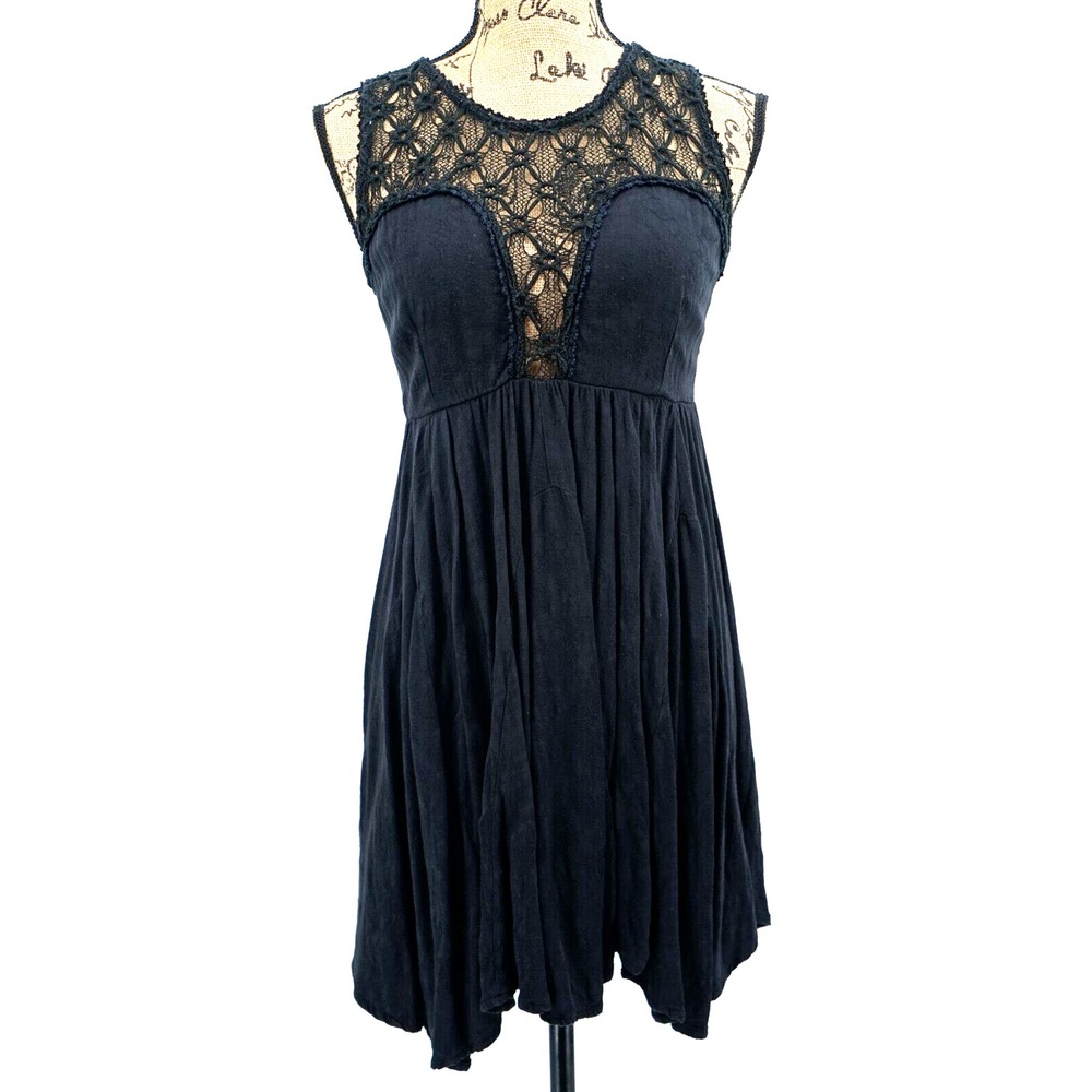 Free People Women Dress XS Off Black Lace Mesh Sleeveless Pleated Asymmetrical